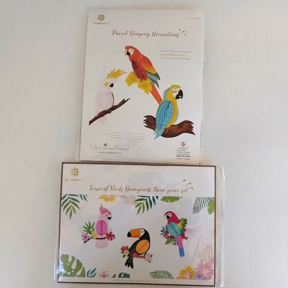 Parrot Tropical Birds Hanging Decorations 2 Sets Of 3 Honeycomb Fold Open Parrot